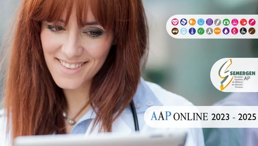 Imagen de uma médica estudando com um tablet e logo do Programa AAP Online