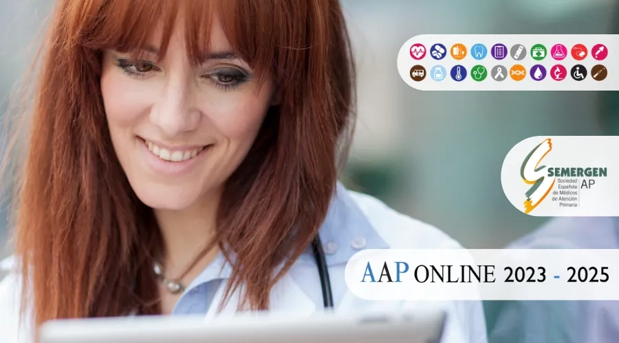Médica con tablet y logo de Actualización en Atención primaria Online