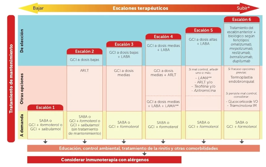 Algoritmo con escalones terapéticos para el tratamiento de manteniemiento del asma de la Guía Española para el Manejo del Asma 5.1