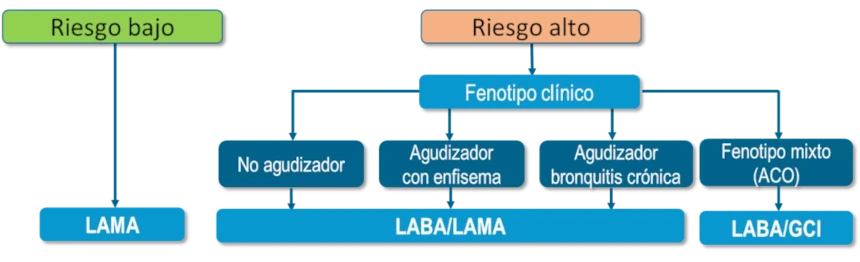 Diagrama para definir el tratamiento inicial para la enfermedad pulmonar obstructiva crónica dependiendo del nivel del riesgo y fenotipo clínico del paciente.